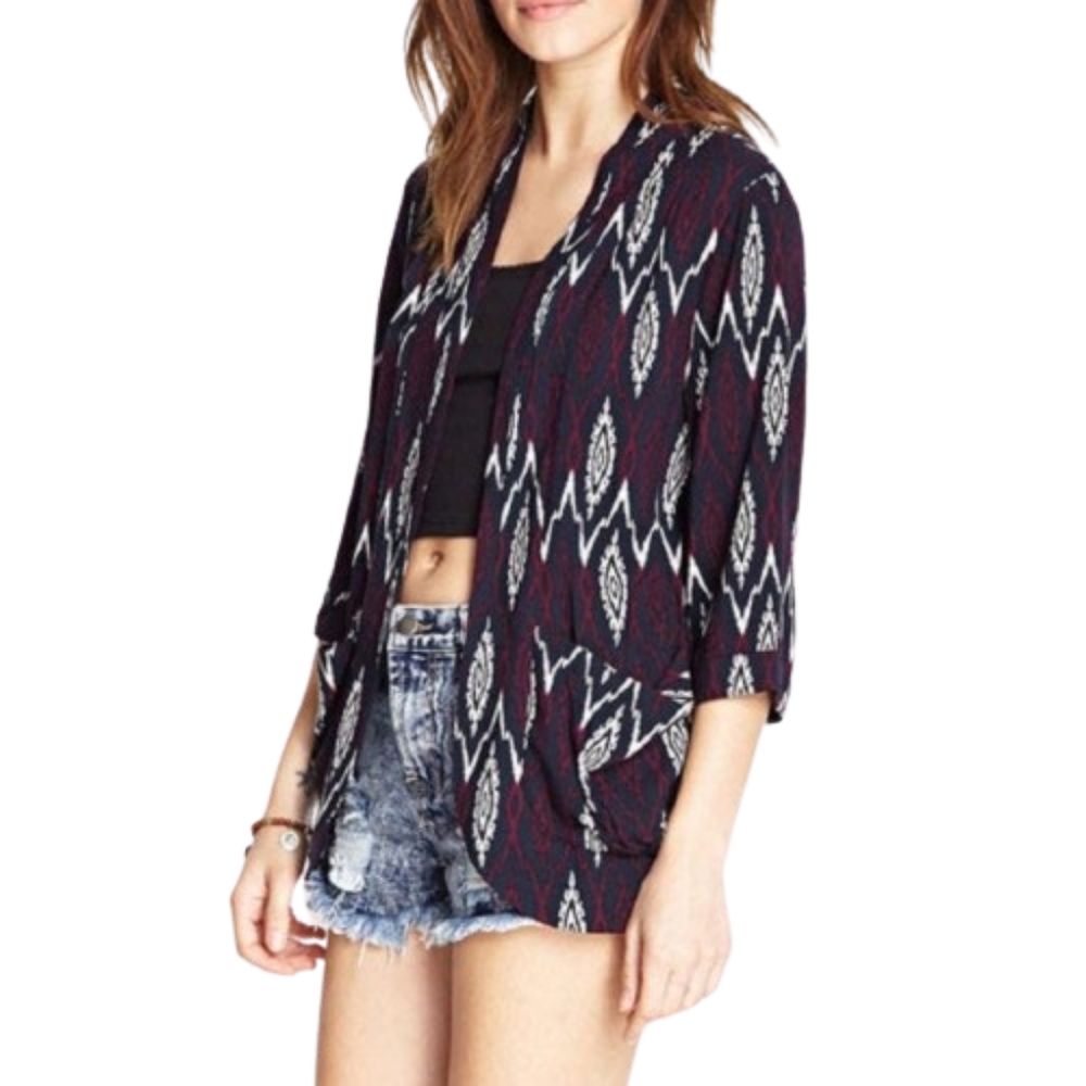 Forever 21 Dark Blue Multicolor Print Blazer 3/4 Sleeves Pockets Lightweight